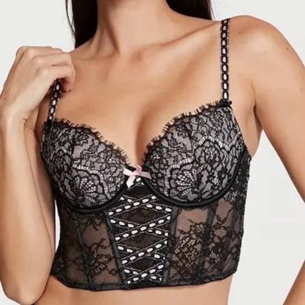 Victoria's Secret Dream Angels Lace Longline Demi Bra Corset Black Pink Large